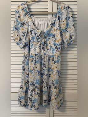 LC Lauren Conrad Light Blue, Navy & Yellow Floral Tie-Front Dress